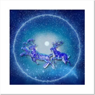 Christmas Collection Magic Reindeer flying in the Icy Glacial Winter Sky Posters and Art